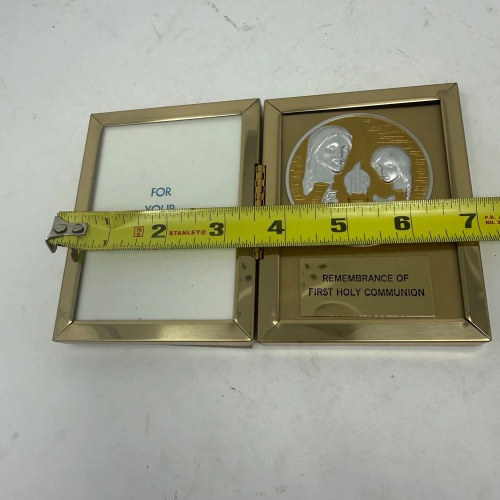 Vintage First Holy Communion Gold Tone Folding Picture Frame Religious Medallion